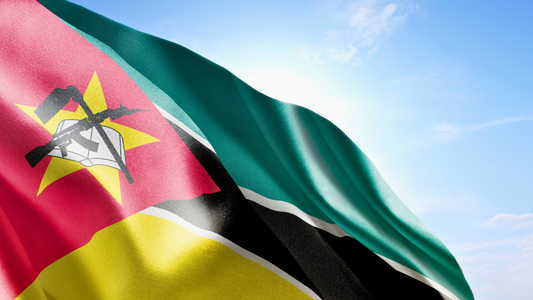 The flag of Mozambique. The flag design displays an AK-47 with a bayonet attached, crossed with a hoe, overlaying an open book, all placed on a yellow star