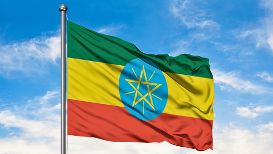 The Flag of Ethiopia with it's green, yellow, and red design. It is hoisted on a flag pole flying in the wind with blue skies in the background.