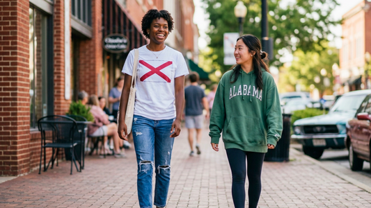 Two students walking the streets of Alabama. One of them wearing an Alabama flag t-shirt, the other an Alabama hoodie.
