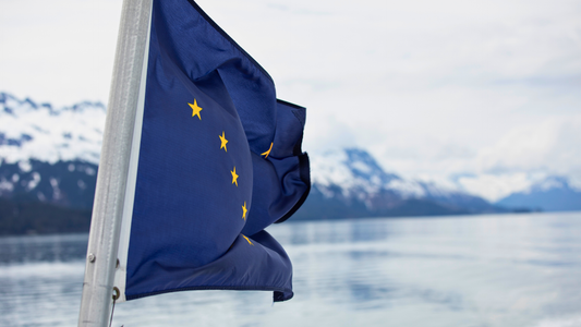 The Alaska Flag (AK Flag) flying over an icy landscape.