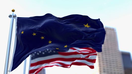 The flag of Alaska flying next to the US flag. A high-rise building can be seen in the background.