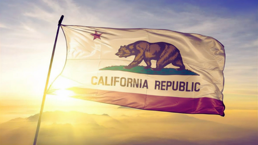 California Flag flying high with sun shining through