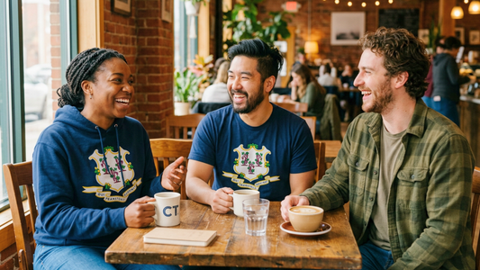 Three people sitting in a café in Connecticut wearing Connecticut flag inspired clothing. The woman is drinking out of a CT cup.