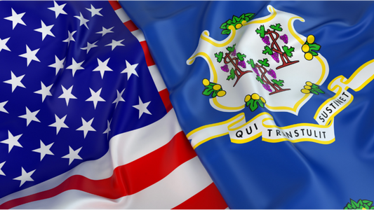 Flag of Connecticut displayed along side the American flag. It is a close-up and only parts of the flags are visible.