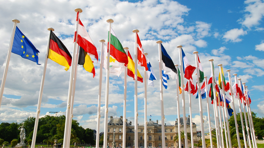 Displays of AU country flags, flying beautifully on flag poles, in front of a building