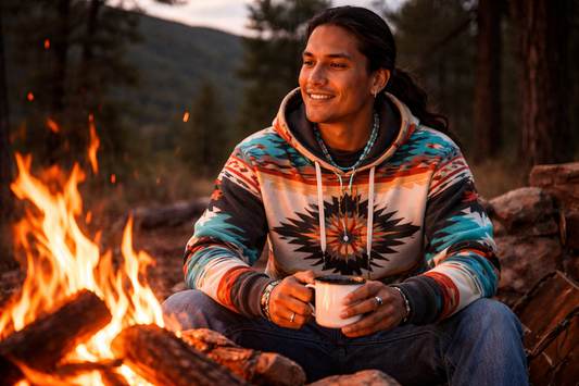 Man sitting at fire drinking coffee and wearing a Native American Hoodie