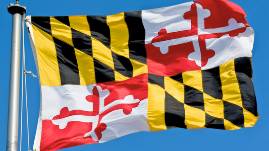 A close-up of the Maryland State flag at the top of a flagpole with clear blue skies behind it