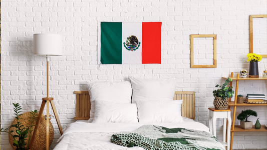 Mexican Flag displayed in bedroom with stylish interior
