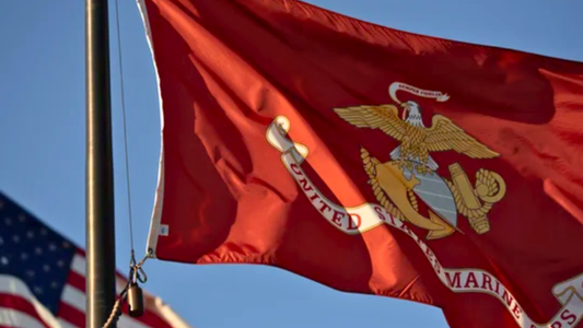 A close-up of the US Marine Corps hoisted on a flag pole. The US Flag is hoisted next to it with only a corner of the flag visible.