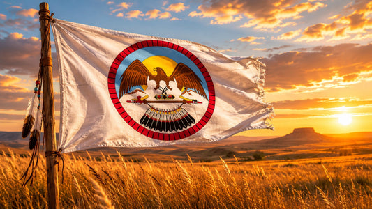Native American Ute People flag flying on a pole in a field. The sun is setting with a blue sky and some clouds.