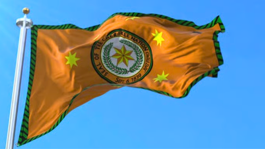 Cherokee Nation Flag on a flag pole. It's orange and green colors in stark contrast to the bright blue sky.