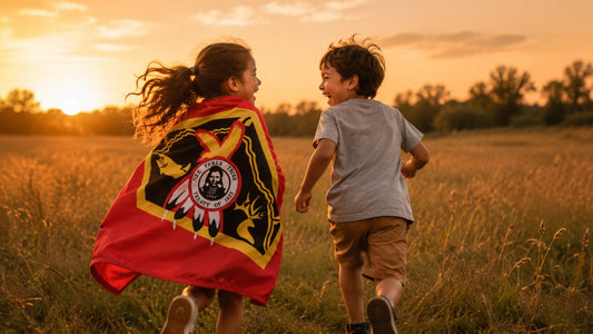 Two young children running in a field. One of them has a Nez Perce Tribe Flag draped over her shoulders