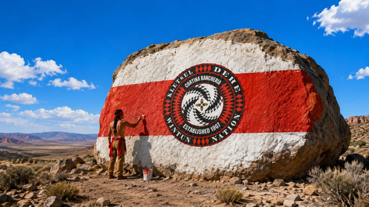 A Native American man is painting a Wintun Flag on a large rock in the middle of a rocky landscape
