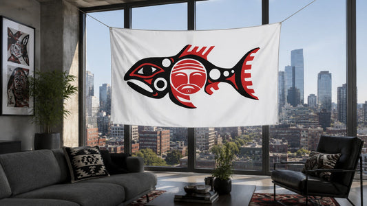 Chinook Flag hanging inside a modern apartment. A view of the city can be seen through the window.