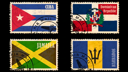 Stamps of Cuba, Dominican Republic, Jamaica and Barbados displayed on a black background