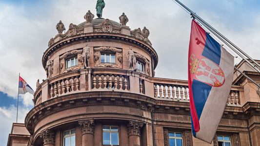 Serbian Flag displayed in front of a Serbian government building