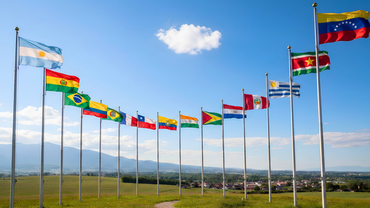 The twelve flags of South America seen together. They are all hoisted in a semi-circle on high flag poles.