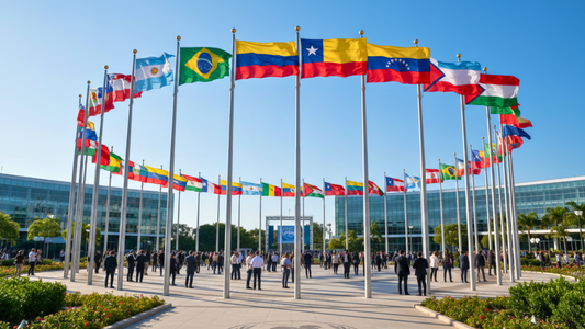  South American flags fluttering together in a circle, at an international event, in a flag display.
