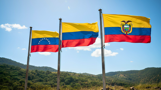 Flags of Colombia, Venezuela, and Ecuador, perched on a hillside, with the vast mountain landscape of Columbia in the background.