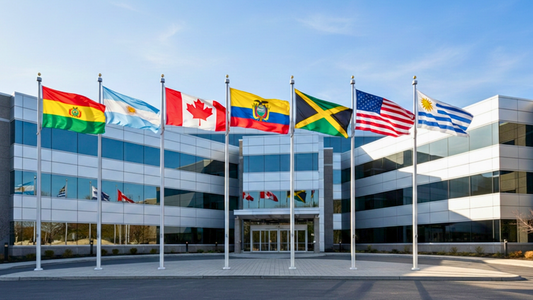 A display of North and South American Flags. Ecuador's yellow, blue, and red is shown alongside Jamaica's bold diagonal cross, while the stars and stripes of the United States is flying next to the sun-centered beauty of Uruguay's banner.