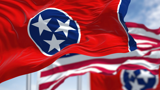 The Tennessee Flag waving next to the US flag. It is a close-up and only the flags are visible.