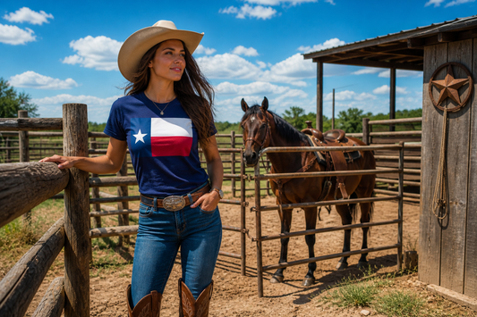 Woman standing outside at a Texas ranch wearing a cowgirl hat, boots and a Texas flag t-shirt. A horse is seen in the background.
