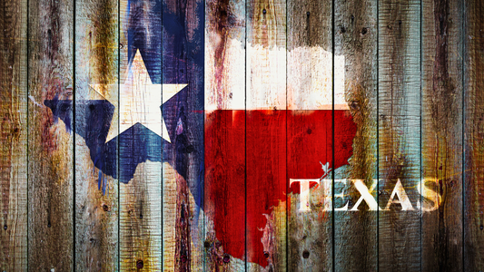 Texas State Flag painted on a barn door in the shape of the map of Texas with the word TEXAS written to the bottom right