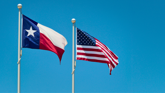 The Texas State Flag flying next to the US Flag with a blue sky in the background