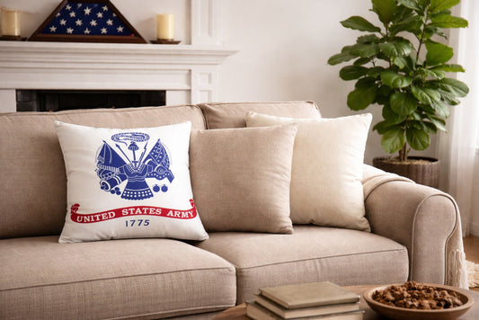 USA Army pillow displayed on a beige couch