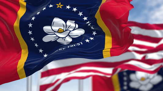 The Mississippi state flag waving proudly alongside the US flag.