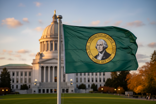 The flag of Washington photographed in front of the Washington state capitol.