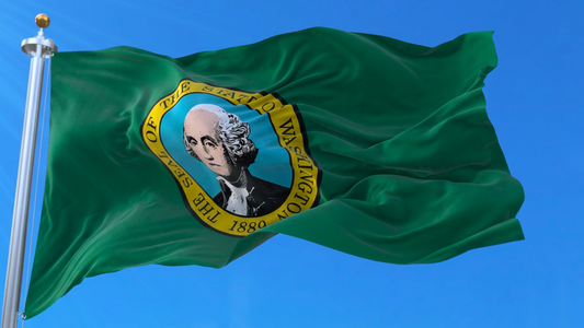 Flag of Washington State hoisted on a flag pole with blue skies in the background.