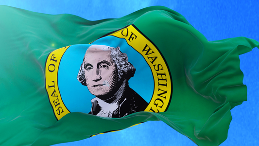 Close-up of the Washington state flag blowing in the wind.