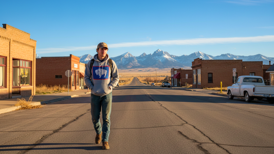 Young man walking the streets of Wyoming wearing a Wyoming Flag hoodie.