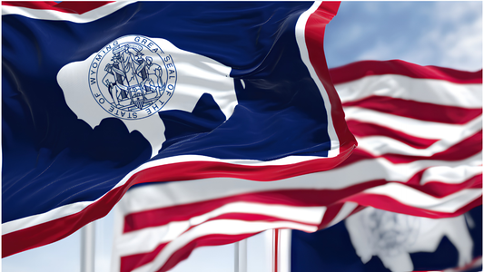 The Wyoming Flag with it's motto "Equal Rights" flying next to the American flag.