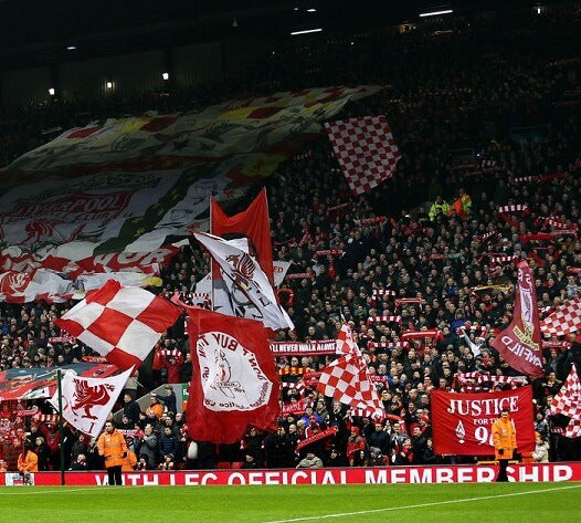Fans waving flags at a football match