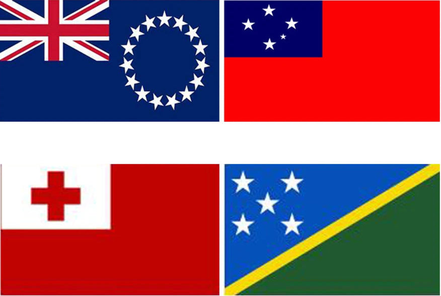 Samoa, Cook Islands, Tonga, and Solomon Islands Flags